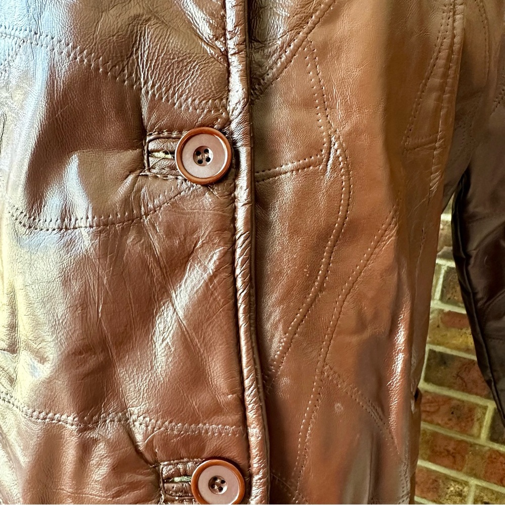 Brown Leather Button Up Patchwork Jacket Mens Siz… - image 8